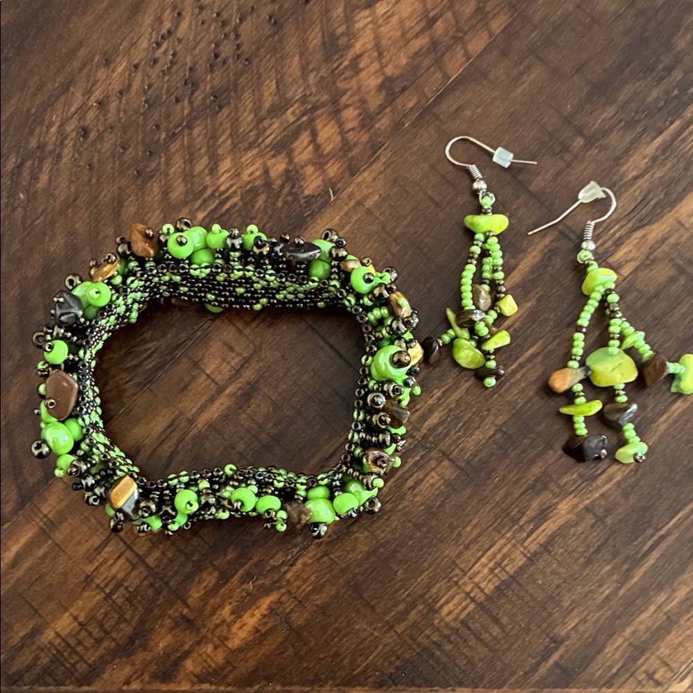 Green and Brown Beaded Bracelet and Earring Set